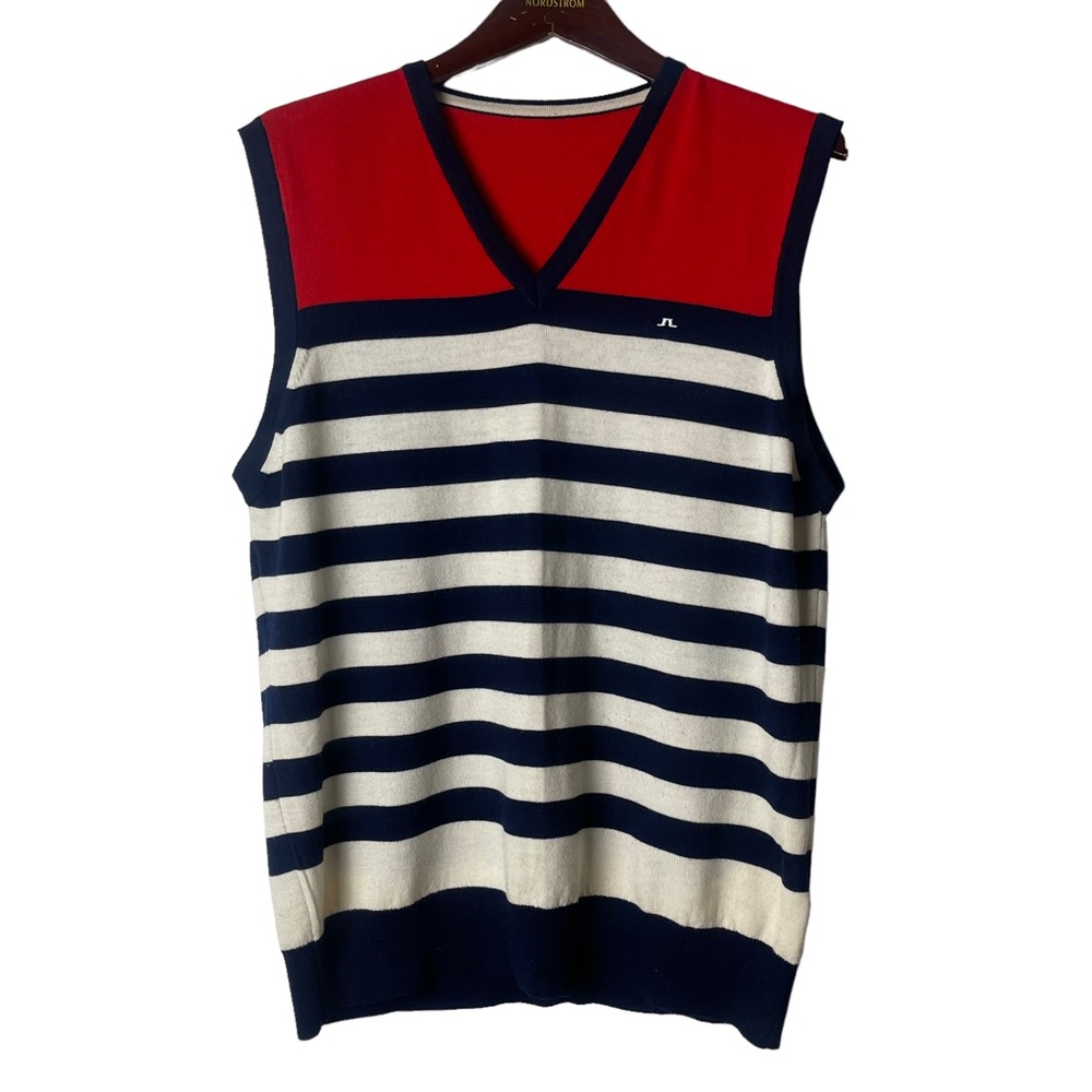 VINTAGE Men’s Red White Blue Striped Merino Wool Sweater Vest Size L Golf